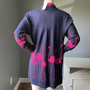 NWT Crown & Ivy Open Front Navy Cardigan with Pink Flamingo Design